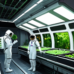 **A futuristic, self-sufficient space farm inside a large, rotating space station. Lush hydroponic gardens with various vegetables and fruits are illuminated by artificial sunlight. Astronauts are tending to the plants, with Earth visible in the background through a large window.**