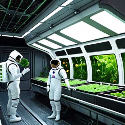 **A futuristic, self-sufficient space farm inside a large, rotating space station. Lush hydroponic gardens with various vegetables and fruits are illuminated by artificial sunlight. Astronauts are tending to the plants, with Earth visible in the background through a large window.**