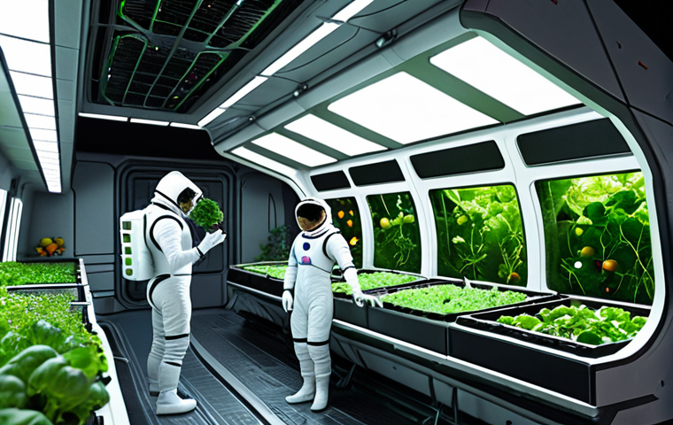 **A futuristic, self-sufficient space farm inside a large, rotating space station. Lush hydroponic gardens with various vegetables and fruits are illuminated by artificial sunlight. Astronauts are tending to the plants, with Earth visible in the background through a large window.**