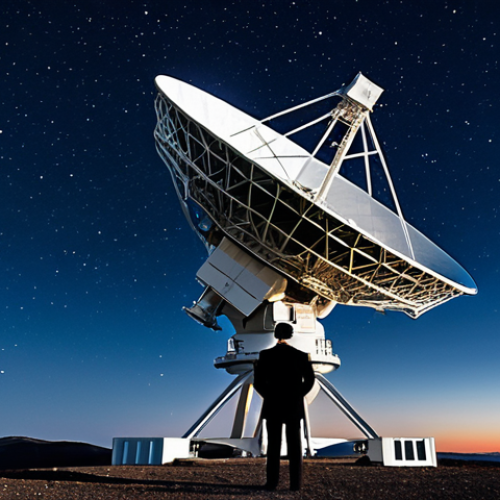 A professional astronomer, fully clothed in a modest, dark professional uniform, stands observing a majestic, state-of-the-art radio telescope array. The array reaches towards a clear, star-filled night sky on a high-altitude plateau, with subtle scientific equipment in the foreground. The scene conveys profound scientific exploration and the vastness of the cosmos, symbolizing humanity's search for extraterrestrial intelligence. Professional photography, detailed, high resolution, atmospheric lighting, appropriate content, safe for work, fully clothed, professional dress, perfect anatomy, correct proportions, natural pose, well-formed hands, proper finger count, natural body proportions.