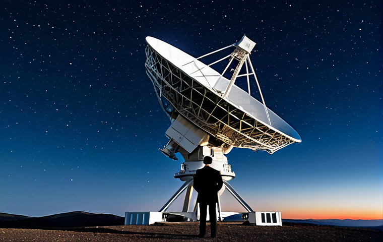 A professional astronomer, fully clothed in a modest, dark professional uniform, stands observing a majestic, state-of-the-art radio telescope array. The array reaches towards a clear, star-filled night sky on a high-altitude plateau, with subtle scientific equipment in the foreground. The scene conveys profound scientific exploration and the vastness of the cosmos, symbolizing humanity's search for extraterrestrial intelligence. Professional photography, detailed, high resolution, atmospheric lighting, appropriate content, safe for work, fully clothed, professional dress, perfect anatomy, correct proportions, natural pose, well-formed hands, proper finger count, natural body proportions.