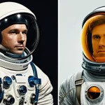 Home 17 우주복 설계 및 제작 - **Prompt:** A historical and futuristic montage of spacesuits. On the left, a cosmonaut in a bulky, ...