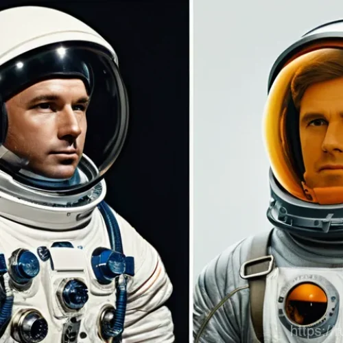 Home 29 우주복 설계 및 제작 - **Prompt:** A historical and futuristic montage of spacesuits. On the left, a cosmonaut in a bulky, ...