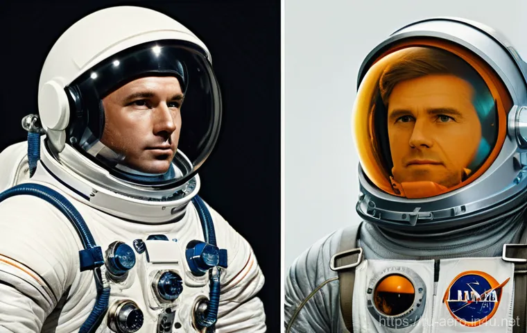 우주복 설계 및 제작 - **Prompt:** A historical and futuristic montage of spacesuits. On the left, a cosmonaut in a bulky, ...