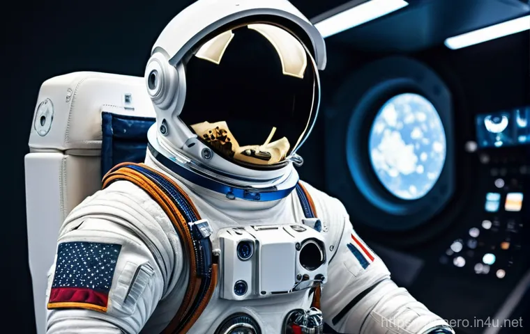 우주복 설계 및 제작 - **Prompt:** A historical and futuristic montage of spacesuits. On the left, a cosmonaut in a bulky, ...