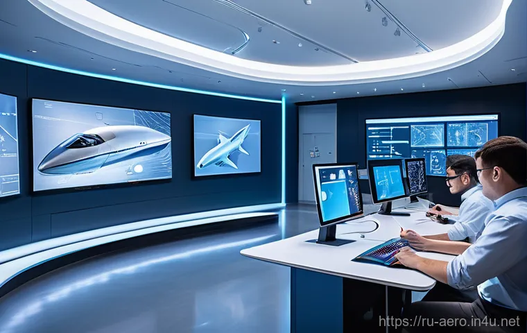 항공기 제조 공정 - **"Blueprint to Reality: The Collaborative Design Studio"**
"A wide-angle shot inside a spacious...
