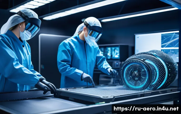 초경량 소재 개발 - A futuristic aerospace laboratory scene showing engineers in protective workwear handling ultra-ligh...