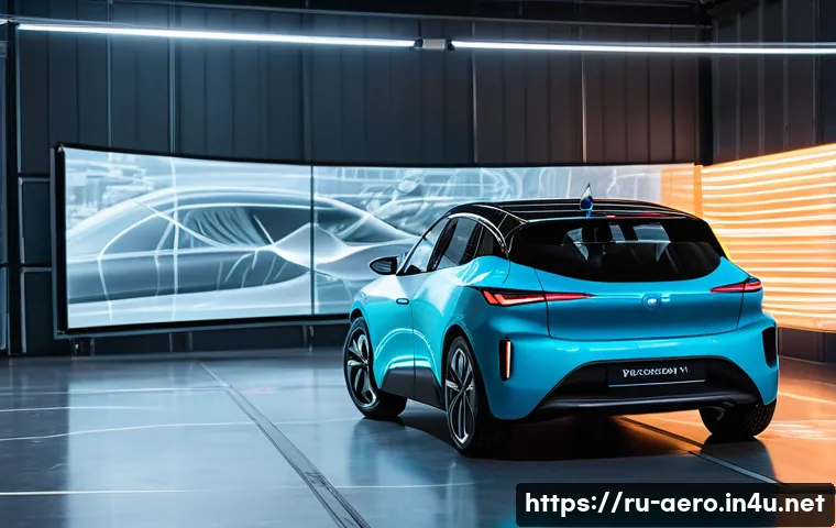 공기역학 시뮬레이션 - A highly detailed scene of an advanced automotive aerodynamic testing environment featuring a sleek ...