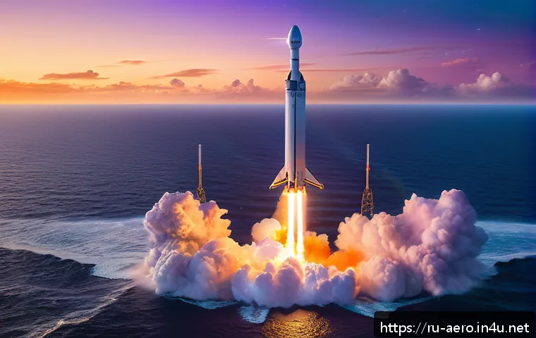우주 물류 및 보급 시스템 - A detailed futuristic scene showing a reusable SpaceX Falcon 9 rocket landing vertically on a drone ...