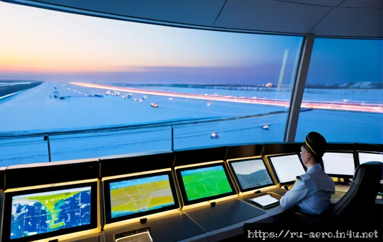 AI 기반 항공 관제 시스템 - Photorealistic modern airport control tower in Russia, experienced air traffic controller monitoring...